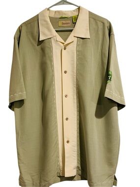 Cubavera Green Cream Embroidered Panel Camp Bowling Cuban Casual Shirt XL